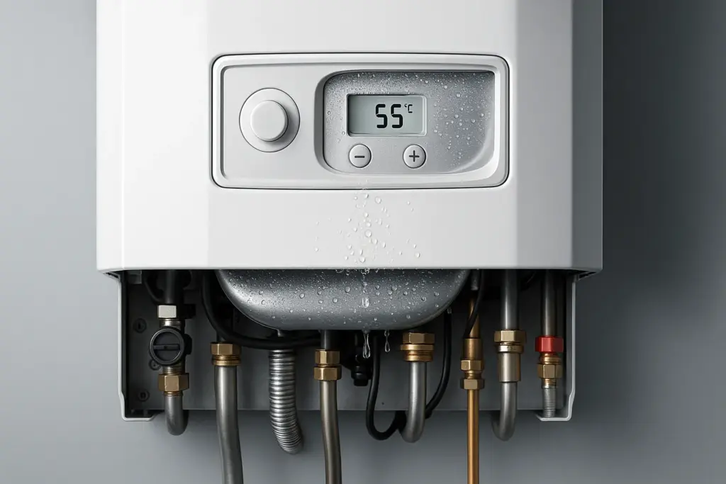 Primer plano de una caldera de condensación con gotas que simulan el funcionamiento de este sistema.