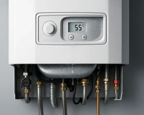 Primer plano de una caldera de condensación con gotas que simulan el funcionamiento de este sistema.
