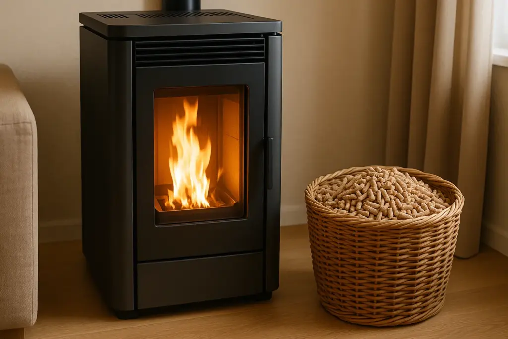 Estufa de pellets moderna funcionando en un salón junto a un cesto con pellets, la opción más ahorradora.