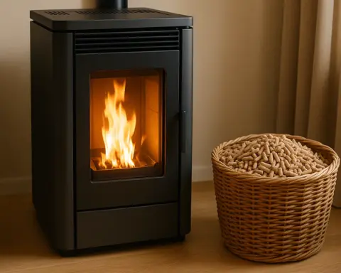 Estufa de pellets moderna funcionando en un salón junto a un cesto con pellets, la opción más ahorradora.