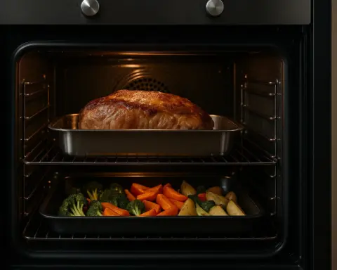 Interior de un horno cocinando varios platos a la vez para ahorrar energía.