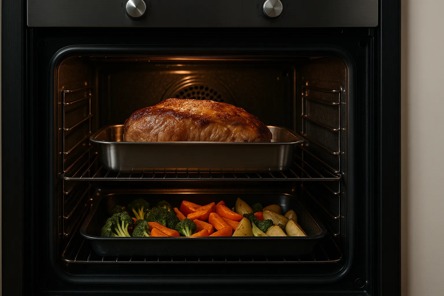 Interior de un horno cocinando varios platos a la vez para ahorrar energía.