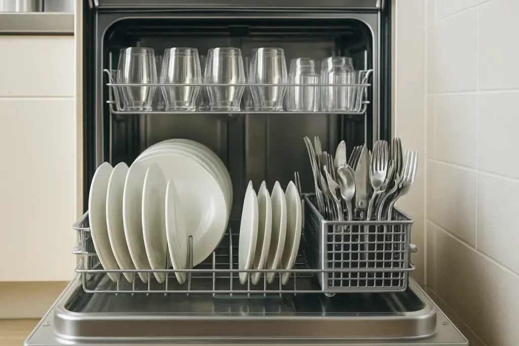 Lavavajillas moderno, lleno y limpio, que simboliza el ahorro energético.