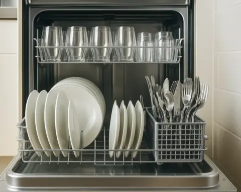 Lavavajillas moderno, lleno y limpio, que simboliza el ahorro energético.