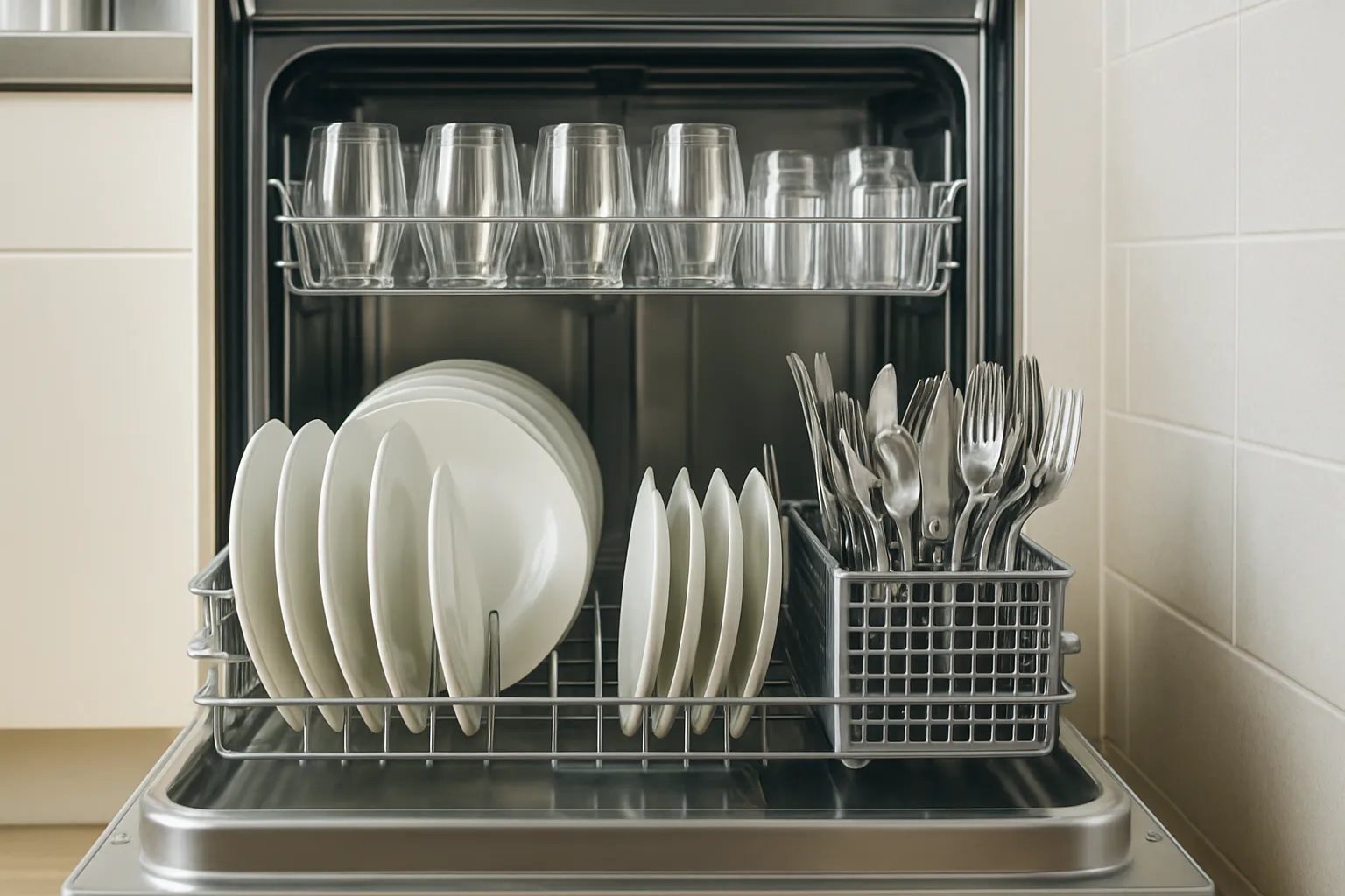 Lavavajillas moderno, lleno y limpio, que simboliza el ahorro energético.