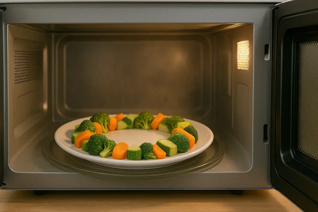 Plato con comida dispuesta en anillo dentro de un microondas, un truco para ahorrar energía.