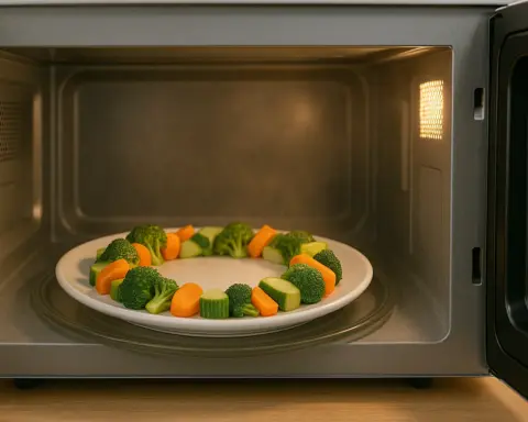 Plato con comida dispuesta en anillo dentro de un microondas, un truco para ahorrar energía.