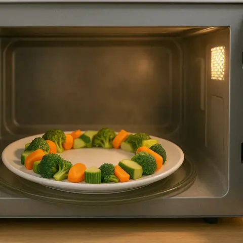 Plato con comida dispuesta en anillo dentro de un microondas, un truco para ahorrar energía.