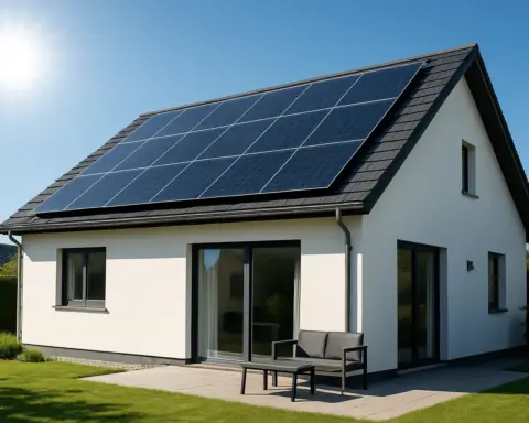 Casa moderna con placas solares en el tejado bajo un sol brillante, simbolizando el ahorro.