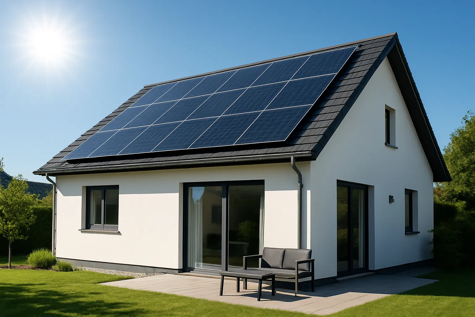 Casa moderna con placas solares en el tejado bajo un sol brillante, simbolizando el ahorro.