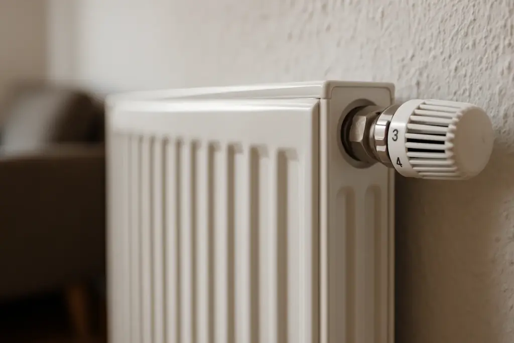 Primer plano de un radiador, apreciándose la válvula termostática.