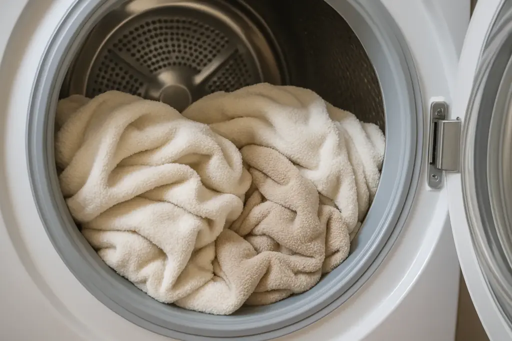 Interior de una secadora con unas toallas limpias.