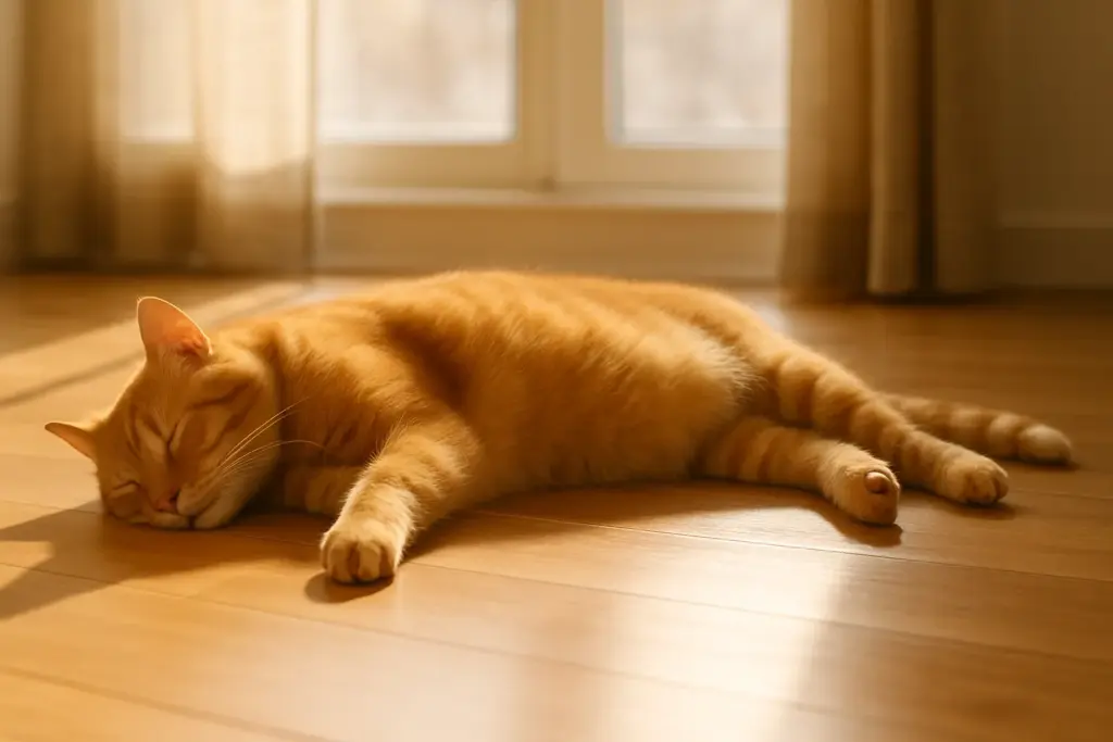 Mascota durmiendo estirada en el suelo, demostrando el confort y calor del suelo radiante.