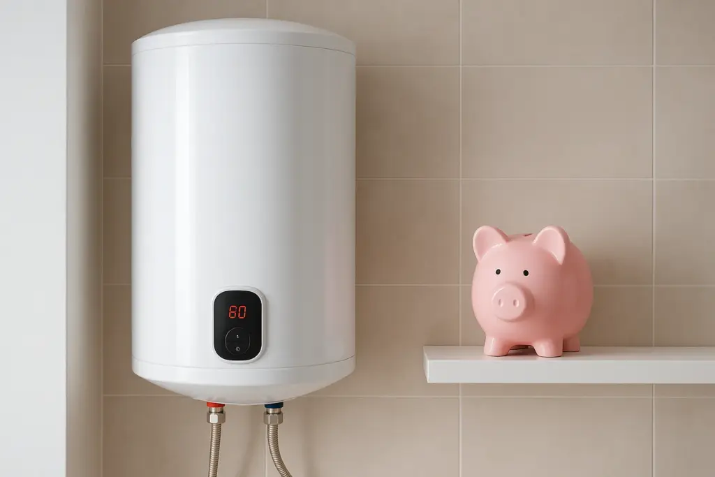 Termo eléctrico moderno junto a una hucha, simbolizando el ahorro de energía.