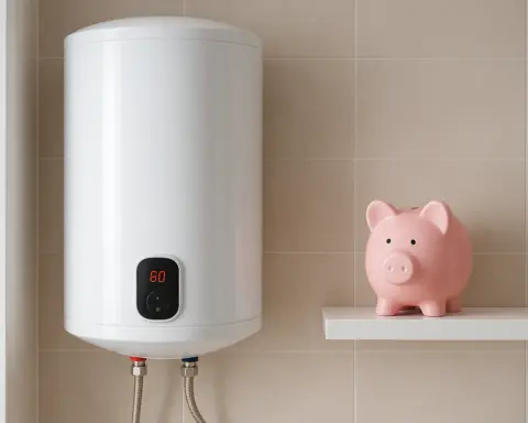 Termo eléctrico moderno junto a una hucha, simbolizando el ahorro de energía.