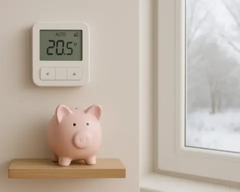 Termostato de calefacción en una pared junto a una hucha, simbolizando el ahorro.