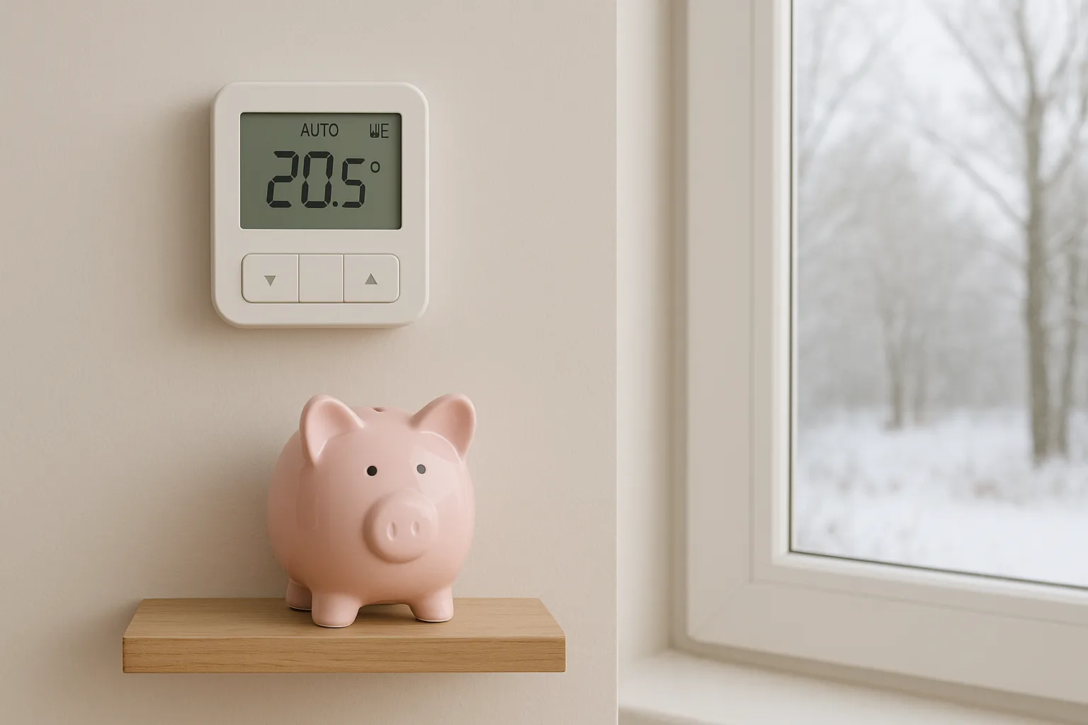 Termostato de calefacción en una pared junto a una hucha, simbolizando el ahorro.
