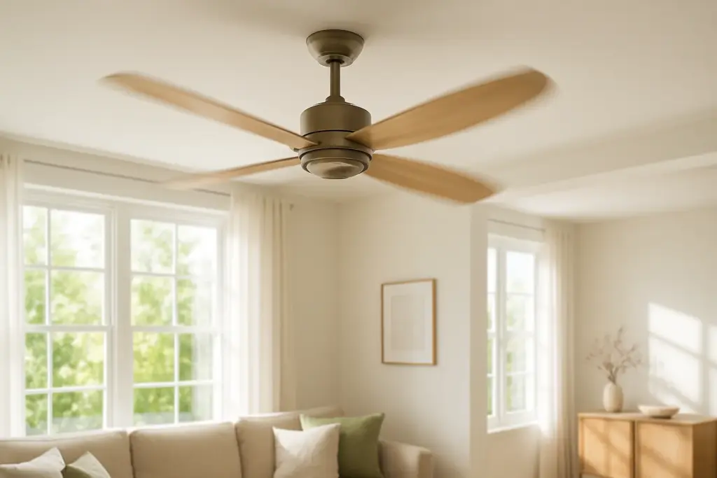 Ventilador de techo moderno en movimiento en un salón, simbolizando el ahorro de energía.