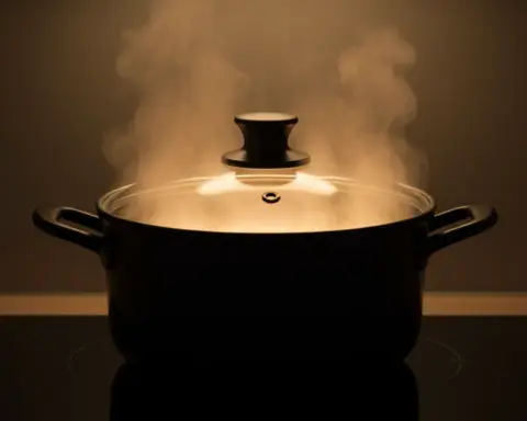 Olla con tapa sobre una vitrocerámica encendida, un truco para ahorrar energía al cocinar.