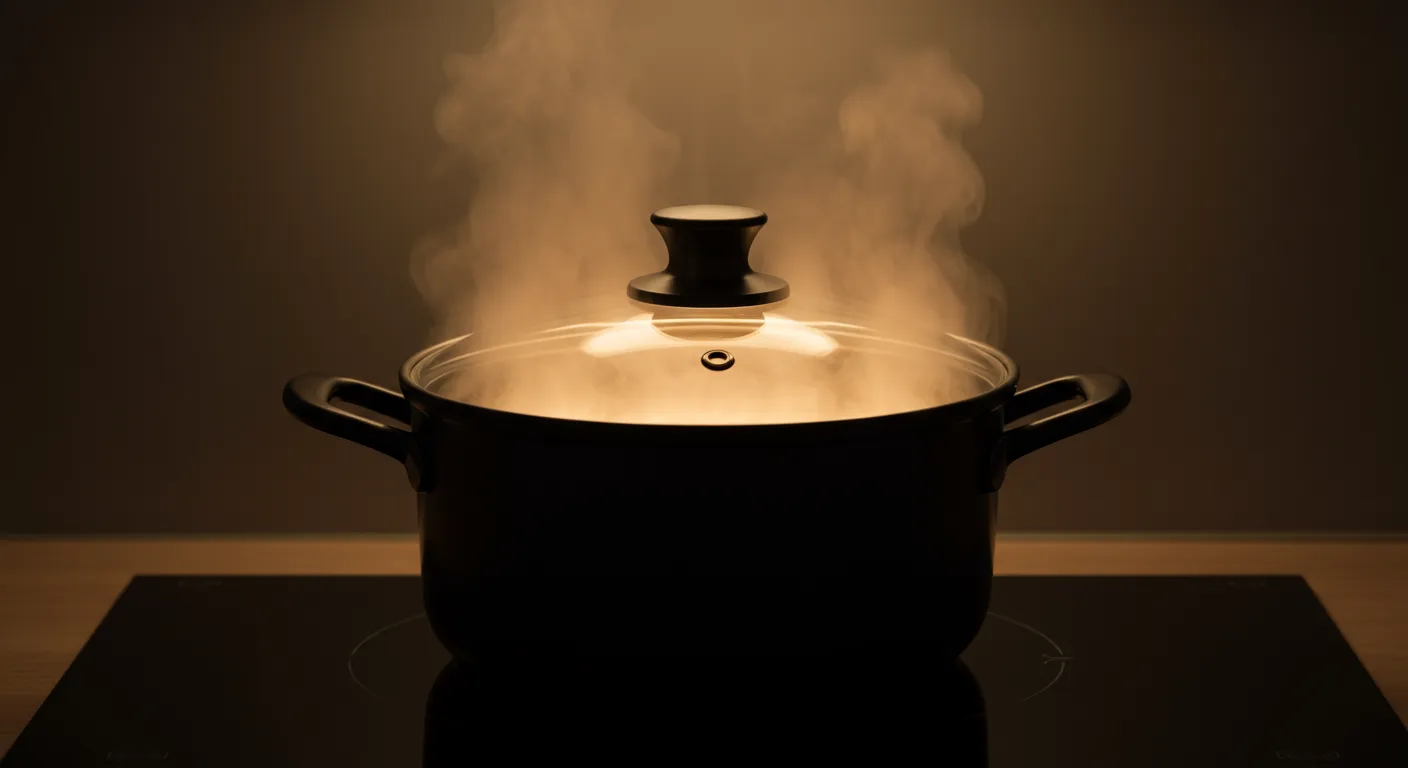Olla con tapa sobre una vitrocerámica encendida, un truco para ahorrar energía al cocinar.