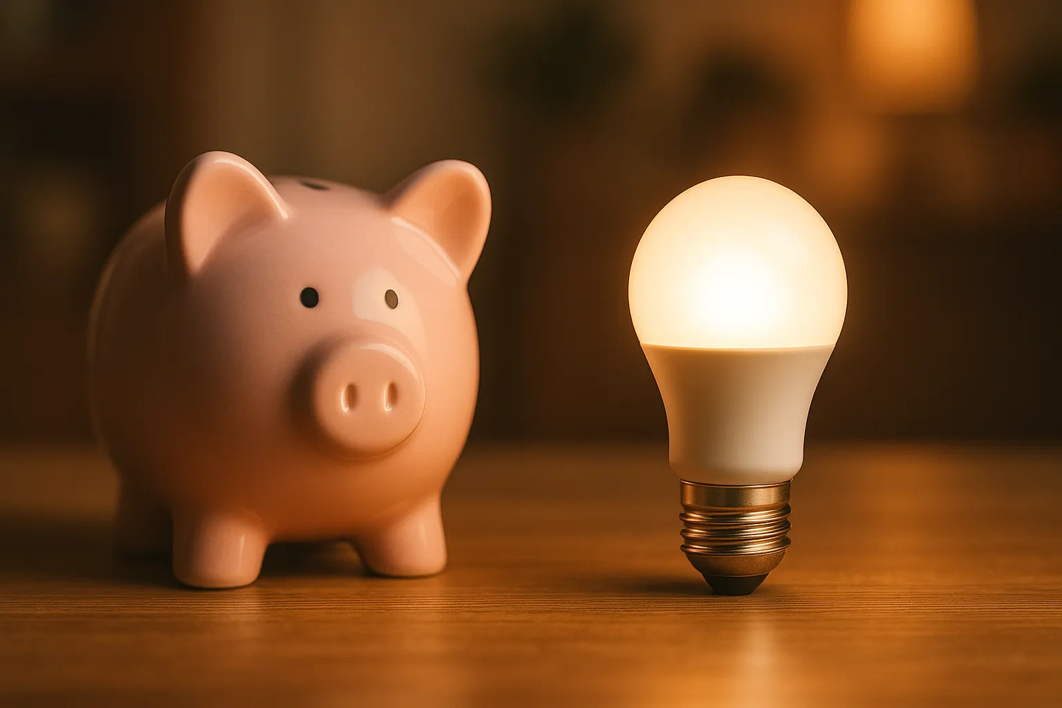 Hucha de cerdito junto a una bombilla encendida, simbolizando el ahorro en la factura de la luz.