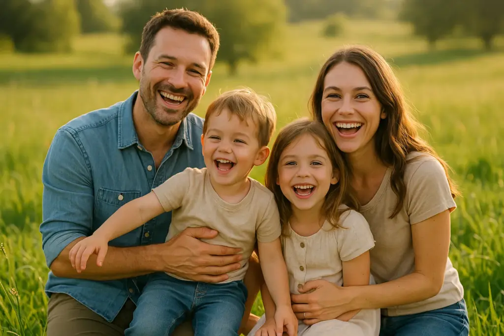 Familia feliz disfrutando al aire libre en un campo verde al atardecer, representando los beneficios del ahorro energético y un estilo de vida sostenible