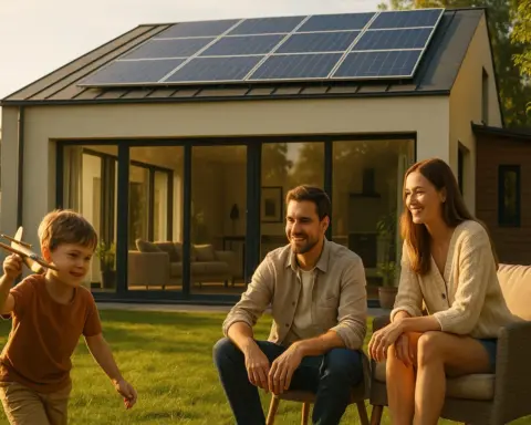 Familia sonriendo en el jardín de su casa moderna, con placas solares en el tejado, simbolizando el estilo de vida y el ahorro de una casa eficiente.