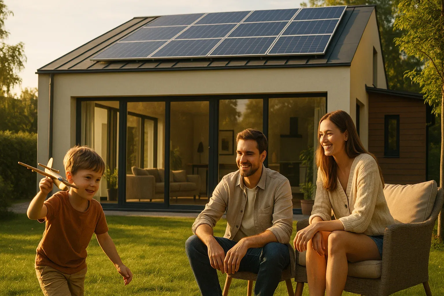 Familia sonriendo en el jardín de su casa moderna, con placas solares en el tejado, simbolizando el estilo de vida y el ahorro de una casa eficiente.