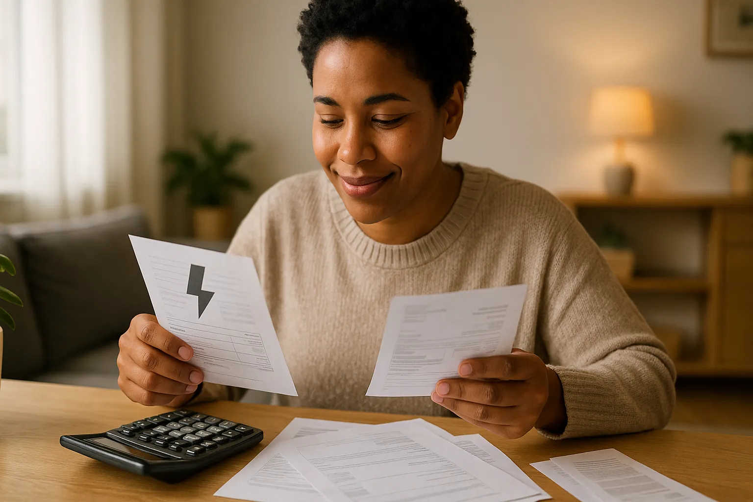 Una mujer mira sus facturas de luz y gas para calcula cuánto puede ahorrarse en sus facturas.