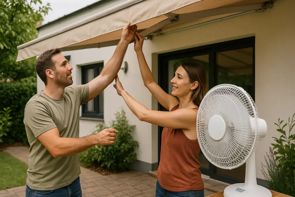 Dos personas bajan el toldo en su vivienda para evitar el calor del verano y reducir el consumo de aire acondicionado.