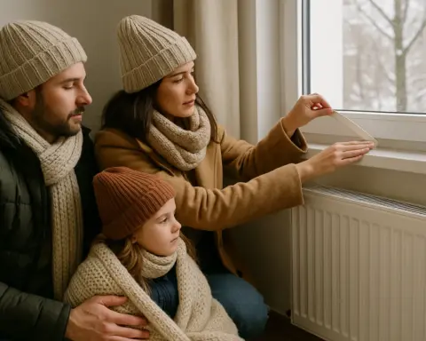 Familia coloca cinta aislante junto a radiador y ventana nevada para evitar que entre el frío.