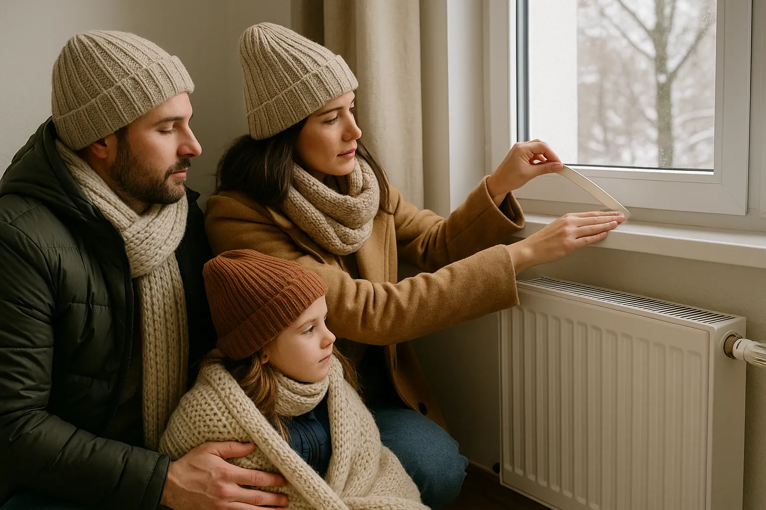 Familia coloca cinta aislante junto a radiador y ventana nevada para evitar que entre el frío.