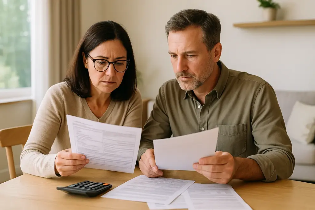 Una pareja revisa su declaración de la renta para ver cómo puede desgravarse gastos relacionados con el ahorro energético.