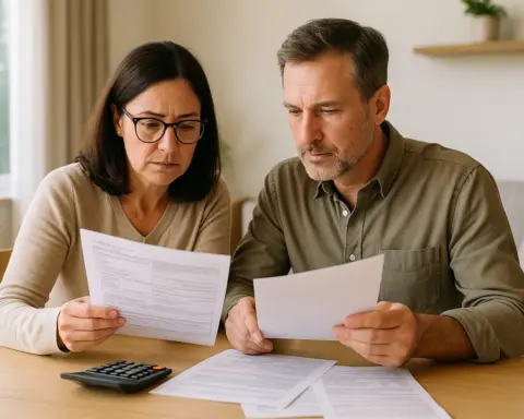 Una pareja revisa su declaración de la renta para ver cómo puede desgravarse gastos relacionados con el ahorro energético.