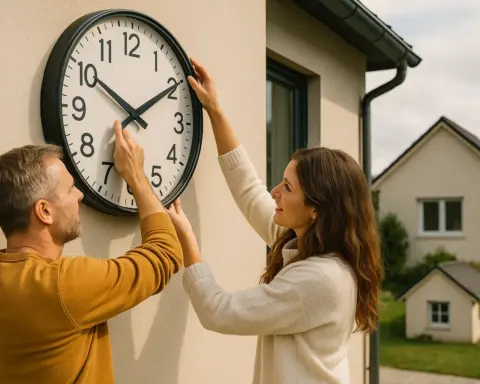 Dos personas ajustan la hora de un reloj exterior en su vivienda.