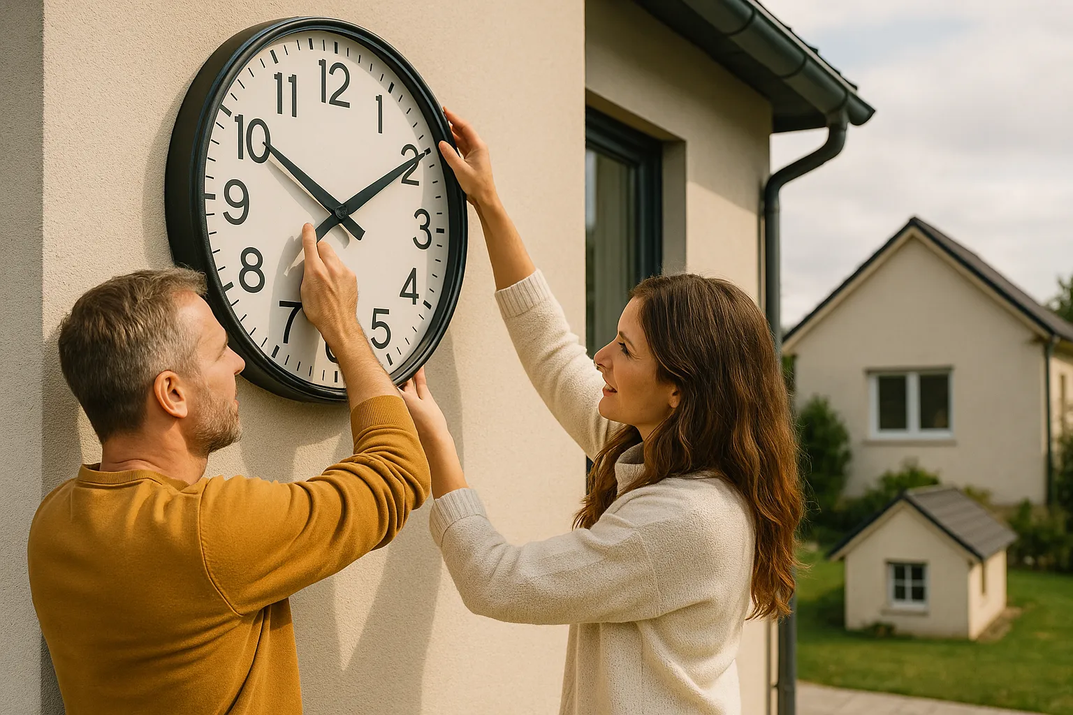 Dos personas ajustan la hora de un reloj exterior en su vivienda.