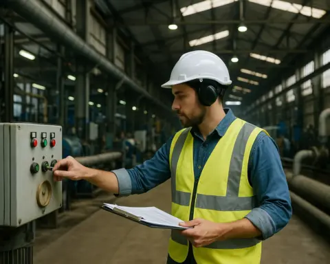 Operario en chaleco y casco ajustando panel de control en fábrica.