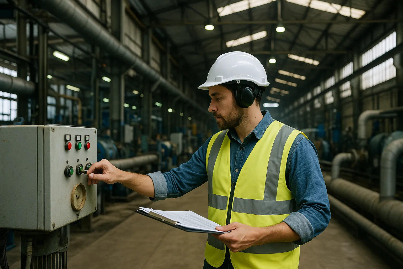 Operario en chaleco y casco ajustando panel de control en fábrica.