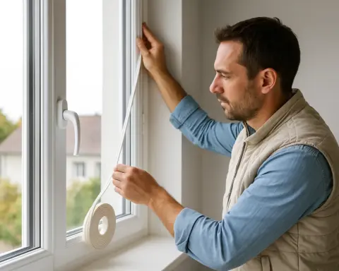 Instalador aplicando burlete aislante en ventana moderna para que el aislamiento sea óptimo.