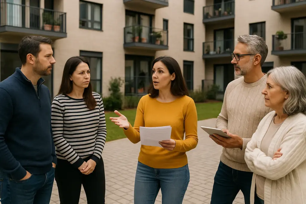 Vecinos reunidos en el patio de comunidad discutiendo medidas de ahorro.