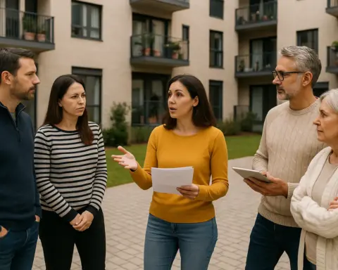 Vecinos reunidos en el patio de comunidad discutiendo medidas de ahorro.