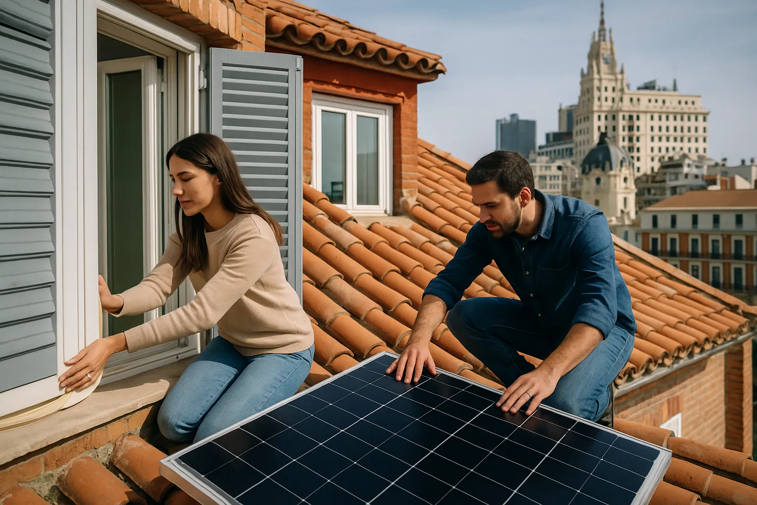 Pareja instalando panel solar en terraza madrileña con skyline