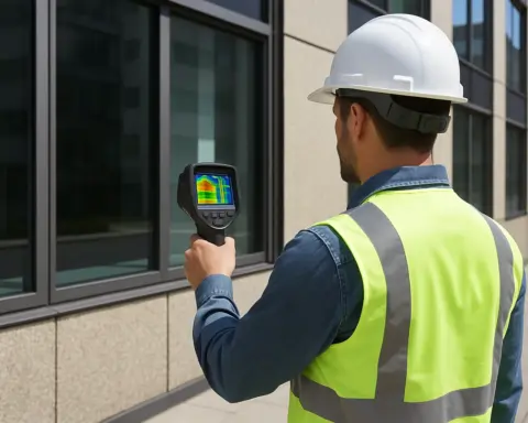 Auditor energético con cámara térmica inspecciona fachada de edificio.