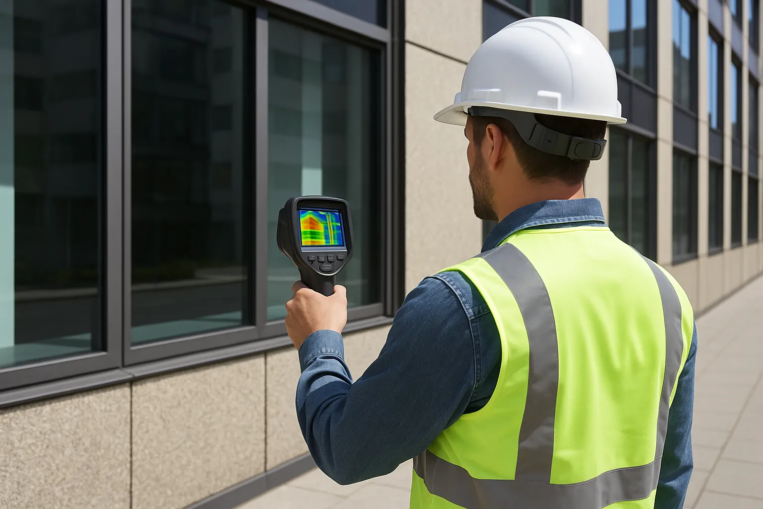 Auditor energético con cámara térmica inspecciona fachada de edificio.