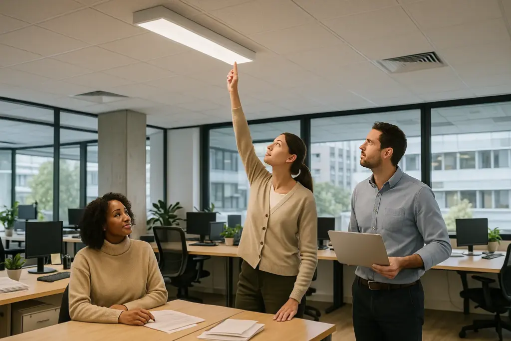 Trabajadores en una oficina comentan la eficiencia en el ahorro de energía de la nueva luz que han instalado.