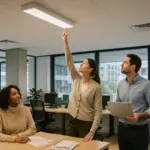 Trabajadores en una oficina comentan la eficiencia en el ahorro de energía de la nueva luz que han instalado.