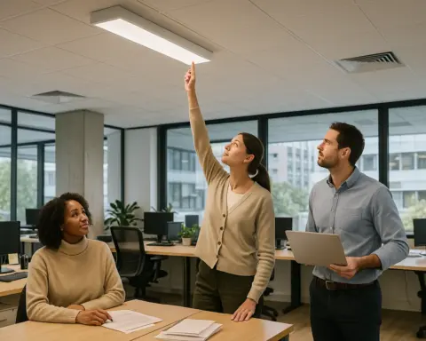 Trabajadores en una oficina comentan la eficiencia en el ahorro de energía de la nueva luz que han instalado.