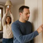 Pareja cambiando bombilla LED y ajustando termostato con paneles solares vistos desde la ventana.