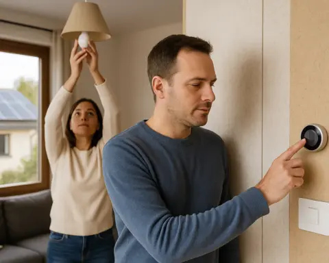 Pareja cambiando bombilla LED y ajustando termostato con paneles solares vistos desde la ventana.