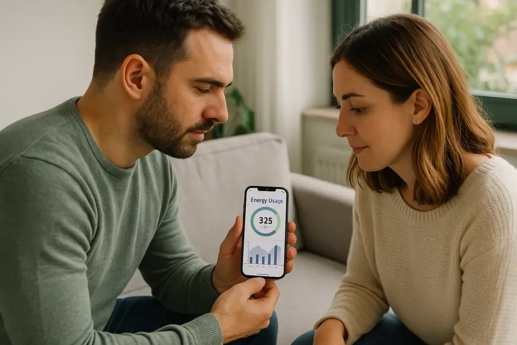 Pareja revisando pantalla de app de consumo energético juntos.